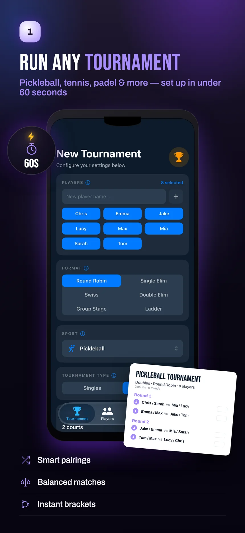 Set up a pickleball tournament in about a minute